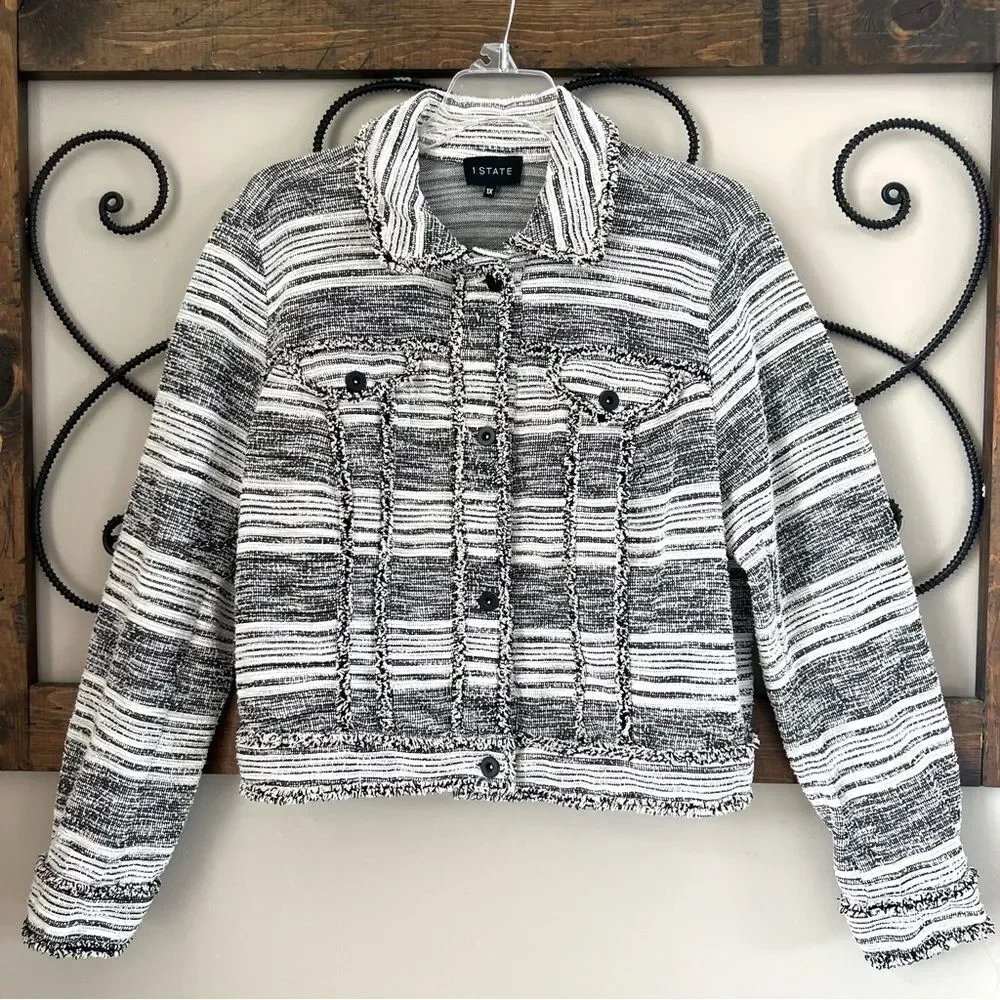 1. State Black Cream Fringe Tweed Button Front Long Sleeve Blazer Jacket